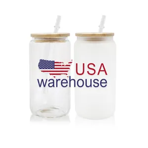 USA Warehouse 12oz 16oz 25oz blank sublimation custom soda coffee beer clear frosted can glass with bamboo lid and straw