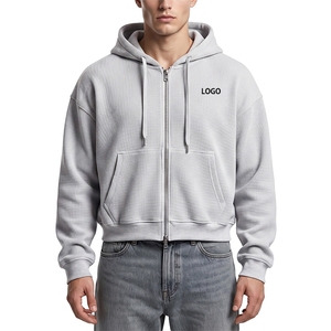 OEM Custom Manufacturer Drop Shoulder Full Zip up Cotton <strong>Cropped</strong> <strong>Boxy</strong> Plain Waffle Knit Hoodie for Men - Product Image 1