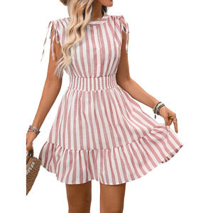 Robe d'été décontractée pour femme, coupe trapèze, taille haute, respirante, sans manches, en lin mélangé, à imprimé rayé, avec volants, qualité supérieure, personnalisable ODM - Product Image 6