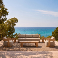 Ensemble de canapés d'extérieur de luxe pour villas de villégiature, canapé de jardin moderne en bois, mobilier de patio en teck pour hôtels, ensemble de meubles d'extérieur