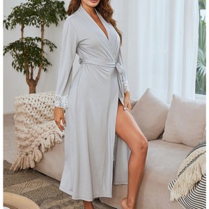Nouveaux pyjamas en satin pour femmes, style printemps/été transfrontalier, avec dentelle, luxe léger, manches longues, peignoir/tenue d'intérieur rafraîchissante. - Product Image 2