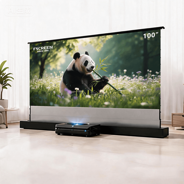 Fscreen Aura Series 100 Inch Fresnel ALR Projection Screen Floor Rising Silicone Based Screen 16:9 8K UHD for Home Theater