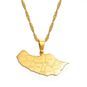 Truyền cảm hứng cho đồ trang sức madeira bản đồ với tên thành phố Mặt dây chuyền vòng cổ madeira Portugal bản đồ quyến rũ Vòng cổ 18K vàng mạ thép trang sức