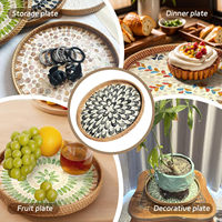 Plateau rond en rotin de 13,8 pouces avec incrustation de nacre, ensemble de 6 sous-verres en rotin pour table basse, décoration d'intérieur pour la cuisine