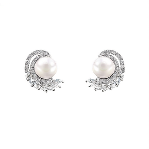 Boucles d'oreilles en or blanc E3467 avec perles d'imitation et diamants taille marquise, design floral, pour mariage, bijoux femme - Product Image 1