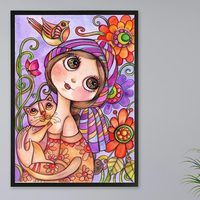 Ever Moment Peinture Diamant DIY Point de Croix Fille et Chat, Broderie Complète Carrée ASF1194