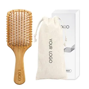 Customized Logo Bamboo Paddle Brush Wood Rubber Pad Air Cushion Hairbrush For Wet Dry Hair