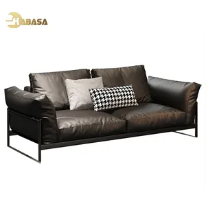 Set Sofa Kulit Bingkai Logam Baja Karbon Hitam, Sofa Modern