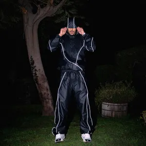 Custom Logo 100% Nylon Windbreaker Streetwear Vintage Two Piece Jogging Suits Full Zip Up Black Sport Set Tracksuits For Men