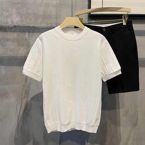Camiseta de Manga Corta para Hombre, Blanca, de Punto, Holgada, Informal, Ligera, de Seda Helada, Sólida, la Más Vendida del Verano - Product Image 4