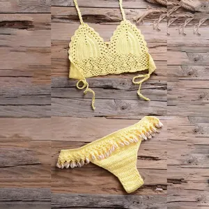 Bikini con borlas de conchas para mujer, ropa de baño Sexy para playa, Top de ganchillo, suéter de bikini de ganchillo