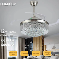 Ventilateur de plafond en cristal pliable et rétractable avec lumière LED à télécommande, design moderne, lumière décorative, intensité réglable, utilisation en intérieur