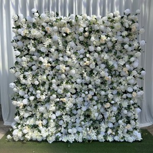 Vente en gros de KL-WA89 Fleur blanche artificielle de mariage Panneau mural enroulable Toile de fond murale fleurie Rose de 8ft x 8ft pour la décoration d'événements