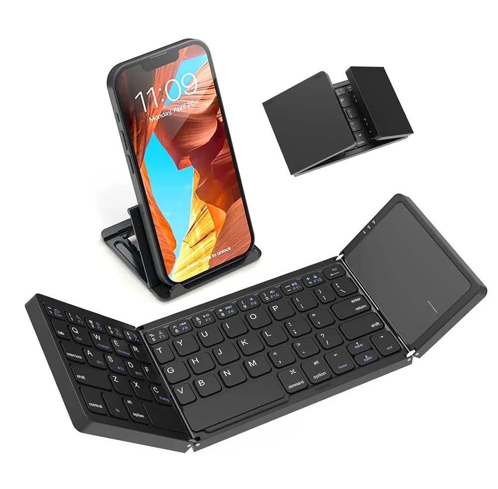 Keyboard bluetooth 3 kali lipat teclado, keyboard saku portabel lipat ketiga, bantalan sentuh dapat dilipat mini bt 3.0