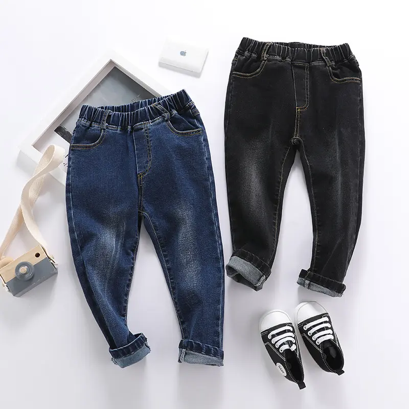 Calça jeans unissex de algodão, calça jeans infantil lavada completa de comprimento