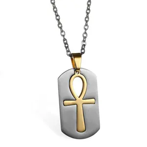 Etiqueta de perro y ankh forma de cruz de plata/oro/Negro/barato al por mayor de moda de acero inoxidable Cruz egipcia Collar para hombres y mujeres
