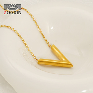 Zogxin Letter V Pendant Necklace Gold Zinc Alloy Simple Clavicle Chain Daily Wear Gift for Women - Product Image 1