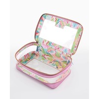 Sac de Mahjong américain rose en PU avec fenêtre transparente, doublure florale aquarelle, fermeture éclair à pompon, étui de rangement de tuiles de Mahjong de voyage, vente en gros