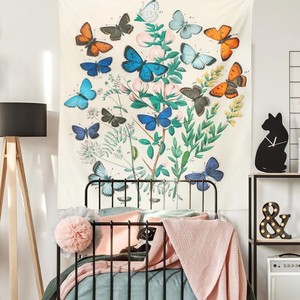 Tapiz de Pared de Poliéster con Estampado de Mariposas en Tonos Pastel, Azul y Naranja, Lavable a Máquina, Decoración de Pared, Arte Mural, Venta al Por Mayor - Product Image 1