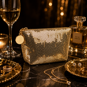 Light Gold Sequin <b>Mini</b> Cosmetic <b>Pouch</b> with Gold-Tone Zipper for Daily Makeup and Small Beauty Item Storage - Product Image 5