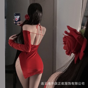 Sexy red Christmas nightgown, sexy lingerie set, no need to remove, alluring and seductive. (qqny) - Product Image 5