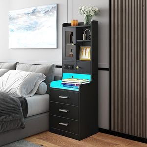 <span class=keywords><strong>Mesita</strong></span> de <span class=keywords><strong>Noche</strong></span> Alta con Estación de Carga, Gabinete con 3 Cajones y Puerta Acrílica, Color Negro - Product Image 1