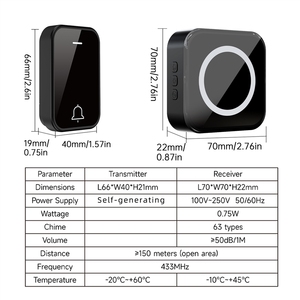 Sonnette sans fil auto-alimentée, lumière colorée pour la maison, volume réglable, bouton d'appel longue portée qui pénètre les murs pour personnes âgées - Product Image 1