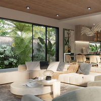 Conception d'intérieur de villa moderne minimaliste avec vue sur la mer, rendu 3D, décoration intérieure, directement de l'usine