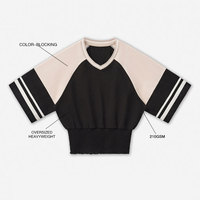 Camiseta Retro de Manga Corta con Cuello en V y Bloques de Color para Mujer, Marca AMCLEVER, con Puños Anchos y Corte Ajustado