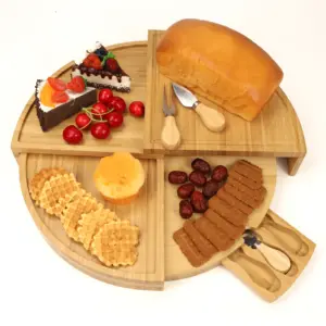 新しいデザインのカスタムラウンド竹木製チーズカッティングまな板チーズサービングプレートとナイフのセット