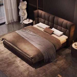 Luxury Modern Curved Headboard Beige Leather <b>Bed</b> Minimalist Design for High-End Bedroom - Product Image 5