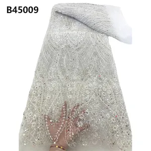 CHOCOO, buen precio, tela de encaje nupcial africano, tela de encaje con cuentas de secuencia blanca bordada para mujer - Product Image 1