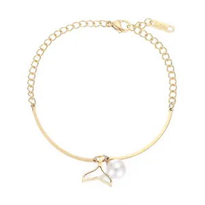 Delicate Rose Gold Plated aço inoxidável Whale Tail Pearl Bangle pulseira para mulheres Meninas