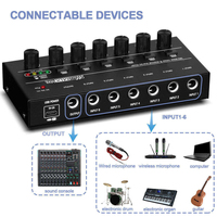 Console de mixage audio stéréo à faible bruit MX6 6 canaux avec mixage audio ligne et mono pour les performances en direct