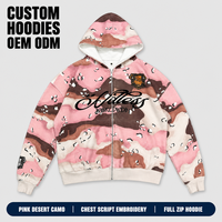 Sweat à capuche rose personnalisé de haute qualité pour homme, en molleton de coton épais, imprimé camouflage et lettres, fermeture éclair intégrale, épaules tombantes, pour streetwear décontracté