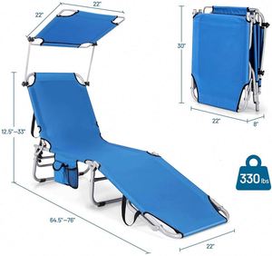Outdoor Metal Folding Chaise Lounge Portable <b>Reclining</b> <b>Chair</b> 5 Adjustable Positions Rotatable Canopy Shade Side Pocket <b>Sun</b> 150Kg - Product Image 3