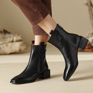 Botines de Moda Retro de Otoño, Nuevos, de Piel Auténtica, Duraderos, Antideslizantes, Impermeables, con Punta Cuadrada, Tacón Medio Grueso y Cremallera Trasera - Product Image 4