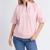 Sweat-shirt personnalisé pour femme, rose pâle, à manches courtes, col montant semi-zippé, coupe décontractée raglan, vente en gros