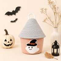 Panier de rangement en forme de maison tissé à la main en corde de coton pour Halloween, organisateur de jouets et de collations, décoration mignonne pour la maison