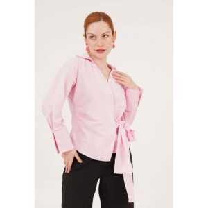 Camisa Rosa con Cuello Cruzado para Mujer, Blusa de Oficina de Popelina de Manga Larga con Detalle de Lazo Lateral - Product Image 3