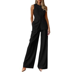 FOXA Women's Sleeveless <b>Blazer</b> Vest Pants Suit <b>Set</b> Business Casual Work Outfit Wide Leg Pants Anti-Wrinkle Polyester - Product Image 1