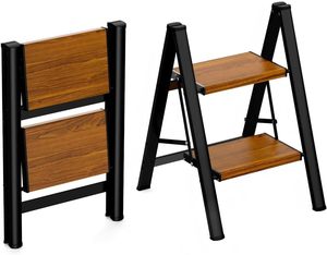 Tabouret escabeau pliant en <span class=keywords><strong>aluminium</strong></span> et bois, léger, antidérapant, avec <span class=keywords><strong>marches</strong></span> larges, capacité de 150 kg, pour la maison - Product Image 1