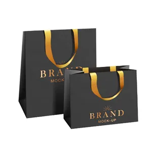 Black Cardboard Luxury Cosmetic Jewelry Gift Shopping Bag Elegant Party Favor Paper Bags With Logo Printing
