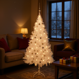 Sapin de Noël artificiel blanc en PVC de 59,1 pouces pré-éclairé avec un ensemble de boules, lumières LED chaudes, base de support intérieure, léger et facile à assembler - Product Image 2