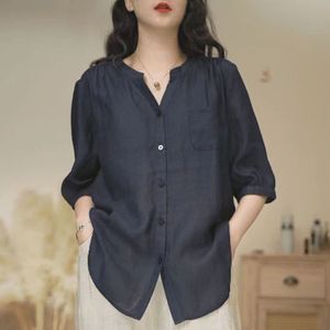 <b>Women's</b> Cotton <b>Linen</b> <b>Shirt</b> V-Neck Loose Fit Casual Top <b>Navy</b> Blue Summer Blouse - Product Image 1