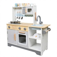 Set Mainan Dapur Kayu dengan Microwave, Wastafel, Keran, Jam, dan Peralatan Masak, Dilengkapi Tempat Penyimpanan untuk Balita