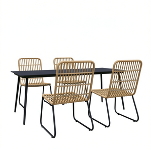 <b>Oak</b> And Black Poly Rattan Dining Set 4 Seater Powder Coated Steel <b>Frame</b> Garden Outdoor Furniture Contemporary Style - Product Image 1