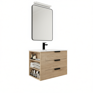 Bathroom Vanity 30 Inch Wall Mounted Wood Modern Design With <b>Mirror</b> And Drawers Contemporary Style Ceramic Basin - Product Image 1