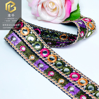 LEIXUSI 3,5 cm Bordure en dentelle brodée géométrique ethnique, motif à sequins à bord doré pour accessoires de vêtements Hanfu Cheongsam