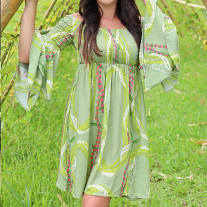 OEM Custom Beach Hawaiian Print Pleated <b>Elastic</b> Off-Shoulder Flared Sleeve Dress Luxury Rayon Casual Dress - Product Image 4